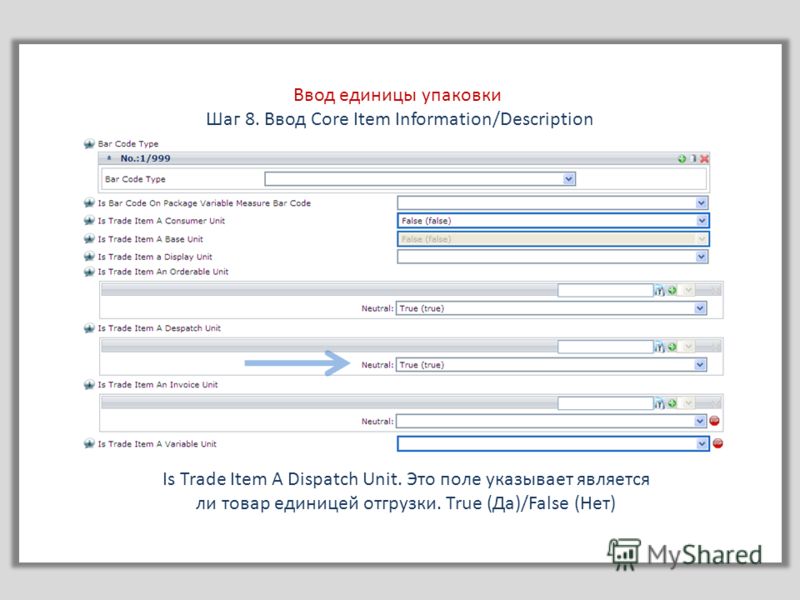 Ввод единицы упаковки Шаг 8. Ввод Core Item Information/Description Is Trade Item A Dispatch Unit. Это поле указывает является ли товар единицей отгрузки. True (Да)/False (Нет)