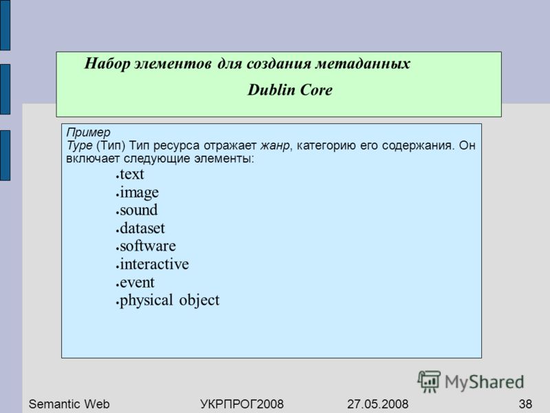 Набор элементов для создания метаданных Dublin Core Пример Type (Тип) Тип ресурса отражает жанр, категорию его содержания. Он включает следующие элементы: text image sound dataset software interactive event physical object Semantic WebУКРПРОГ2008 27.