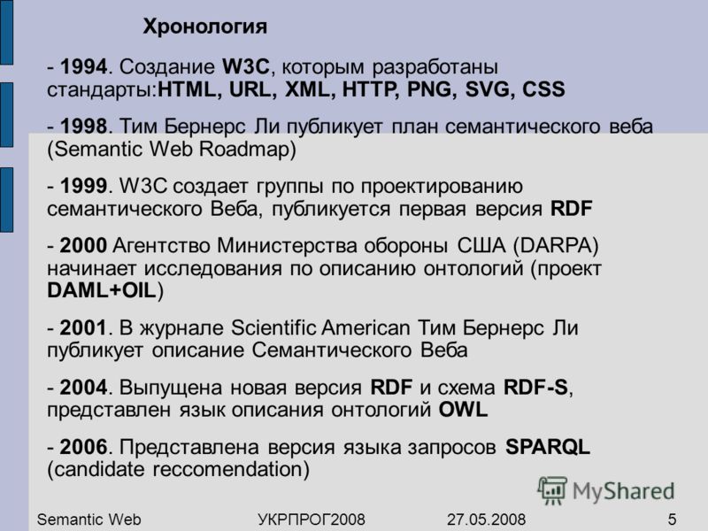 Хронология - 1994. Создание W3C, которым разработаны стандарты:HTML, URL, XML, HTTP, PNG, SVG, CSS - 1998. Тим Бернерс Ли публикует план семантического веба (Semantic Web Roadmap) - 1999. W3C создает группы по проектированию семантического Веба, публ