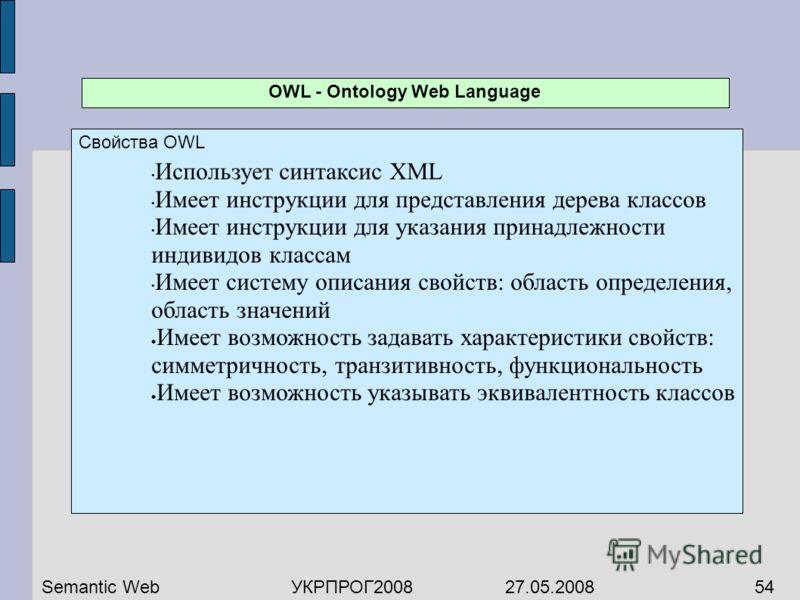 OWL - Ontology Web Language Свойства OWL Использует синтаксис XML Имеет инструкции для представления дерева классов Имеет инструкции для указания принадлежности индивидов классам Имеет систему описания свойств: область определения, область значений И