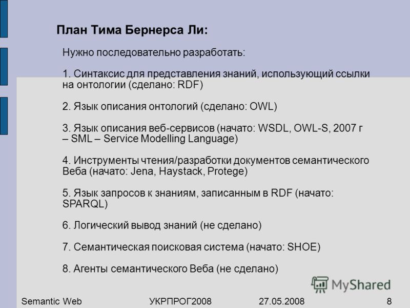 План Тима Бернерса Ли: Нужно последовательно разработать: 1. Синтаксис для представления знаний, использующий ссылки на онтологии (сделано: RDF) 2. Язык описания онтологий (сделано: OWL) 3. Язык описания веб-сервисов (начато: WSDL, OWL-S, 2007 г – SM