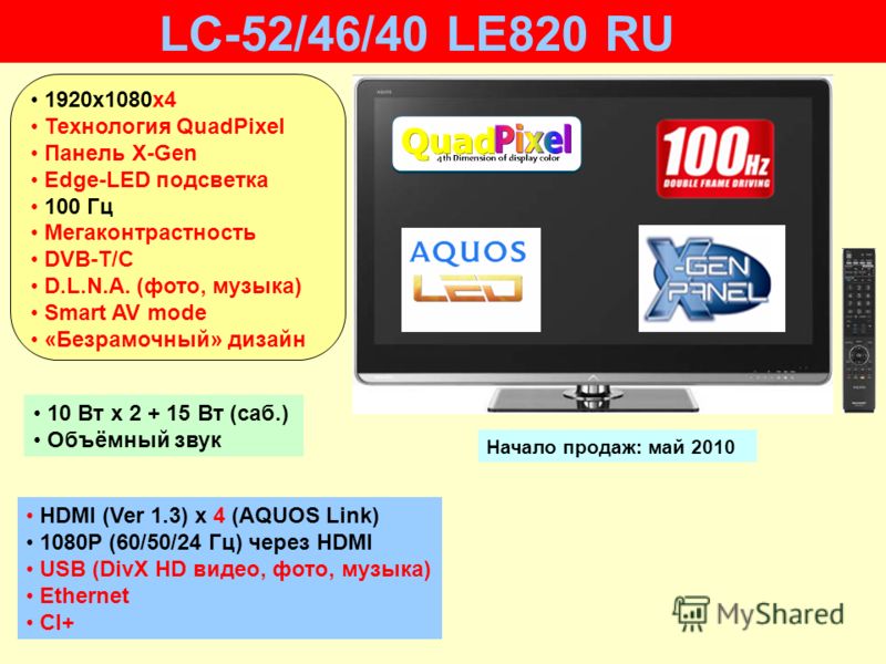 HDMI (Ver 1.3) x 4 (AQUOS Link) 1080P (60/50/24 Гц) через HDMI USB (DivX HD видео, фото, музыка) Ethernet CI+ 10 Вт х 2 + 15 Вт (саб.) Объёмный звук Начало продаж: май 2010 LC-52/46/40 LE820 RU 1920х1080x4 Технология QuadPixel Панель X-Gen Edge-LED п