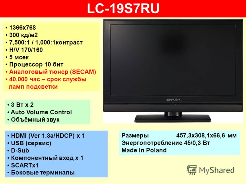 LC-19S7RU 1366х768 300 кд/м2 7,500:1 / 1,000:1контраст H/V 170/160 5 мсек Процессор 10 бит Аналоговый тюнер (SECAM) 40,000 час – срок службы ламп подсветки 3 Вт х 2 Auto Volume Control Объёмный звук HDMI (Ver 1.3а/HDCP) x 1 USB (сервис) D-Sub Компоне