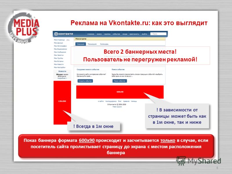 6 Реклама на Vkontakte.ru: как это выглядит Всего 2 баннерных места! Пользователь не перегружен рекламой! ! В зависимости от страницы может быть как в 1м окне, так и ниже ! Всегда в 1м окне Показ баннера формата 600х90 происходит и засчитывается толь