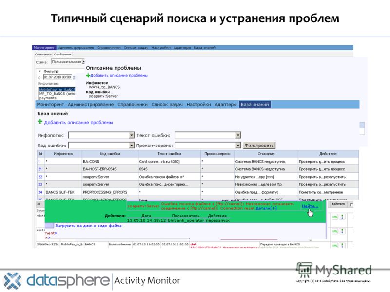 Типичный сценарий поиска и устранения проблем Activity Monitor Copyright (с) 2010 DataSphere. Все права защищены.