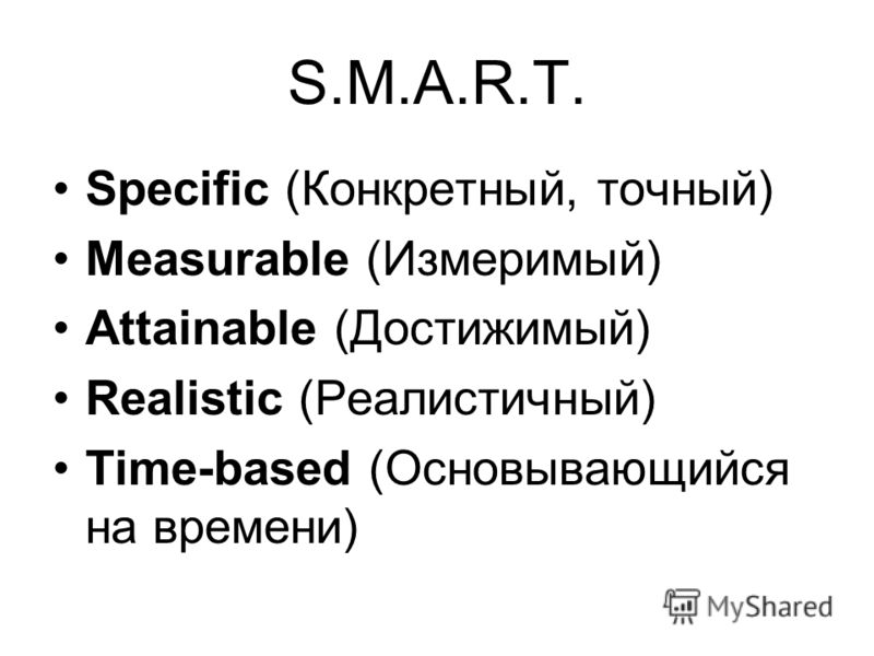 S.M.A.R.T. Specific (Конкретный, точный) Measurable (Измеримый) Attainable (Достижимый) Realistic (Реалистичный) Time-based (Основывающийся на времени)