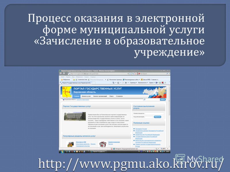 http://www.pgmu.ako.kirov.ru/ Процесс оказания в электронной форме муниципальной услуги « Зачисление в образовательное учреждение »
