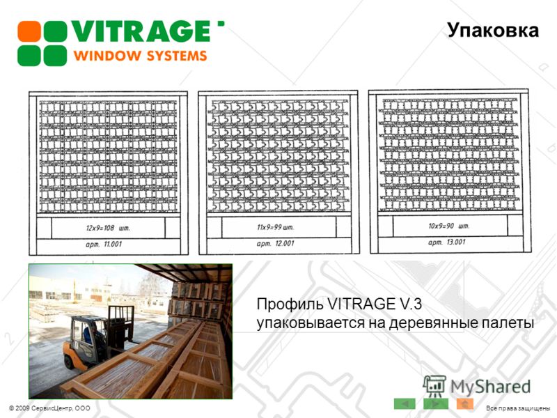 Упаковка Профиль VITRAGE V.3 упаковывается на деревянные палеты © 2009 СервисЦентр, ООО Все права защищены