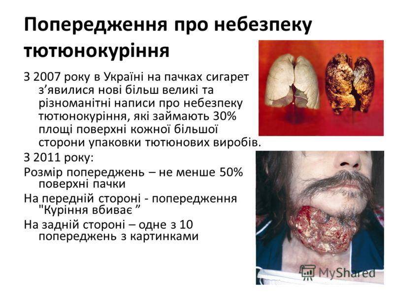 Попередження про небезпеку тютюнокуріння З 2007 року в Україні на пачках сигарет зявилися нові більш великі та різноманітні написи про небезпеку тютюнокуріння, які займають 30% площі поверхні кожної більшої сторони упаковки тютюнових виробів. З 2011 