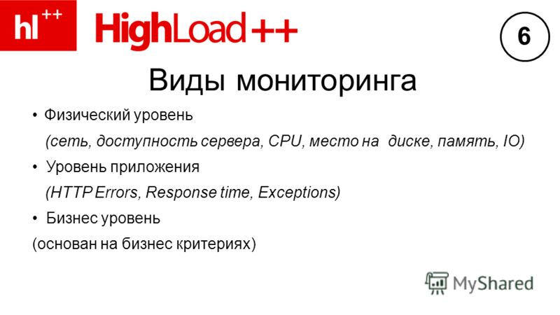 Виды мониторинга Физический уровень (сеть, доступность сервера, CPU, место на диске, память, IO) Уровень приложения (HTTP Errors, Response time, Exceptions) Бизнес уровень (основан на бизнес критериях) 6