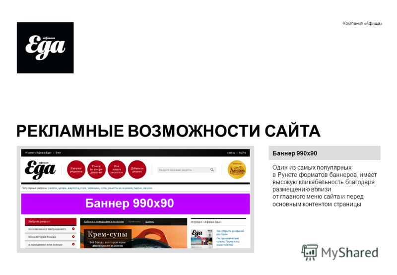 Компания «Афиша» РЕКЛАМНЫЕ ВОЗМОЖНОСТИ САЙТА Баннер 990х90 Один из самых популярных в Рунете форматов баннеров, имеет высокую кликабельность благодаря размещению вблизи от главного меню сайта и перед основным контентом страницы