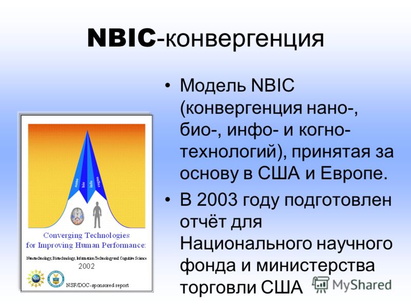 Модель NBIC (конвергенция нано-, био-, инфо- и когно- технологий), принятая за основу в США и Европе. В 2003 году подготовлен отчёт для Национального научного фонда и министерства торговли США