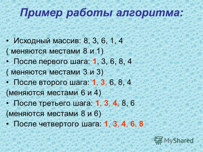 Пример работы алгоритма: Исходный массив: 8, 3, 6, 1, 4 ( меняются местами 8 и 1) После первого шага: 1, 3, 6, 8, 4 ( меняются местами 3 и 3) После второго шага: 1, 3, 6, 8, 4 (меняются местами 6 и 4) После третьего шага: 1, 3, 4, 8, 6 (меняются мест