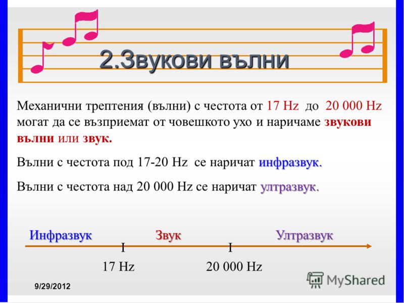 7/4/2012 2.Звукови вълни Механични трептения (вълни) с честота от 17 Hz до 20 000 Hz могат да се възприемат от човешкото ухо и наричаме звукови вълни или звук. инфразвук. Вълни с честота под 17-20 Hz се наричат инфразвук. ултразвук. Вълни с честота н