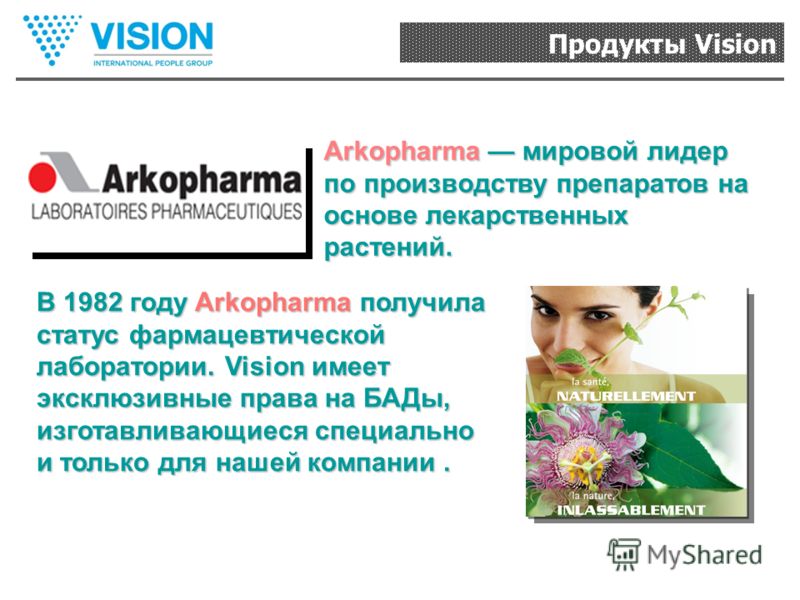 Продукты Vision Arkopharma мировой лидер по производству препаратов на основе лекарственных растений. В 1982 году Arkopharma получила статус фармацевтической лаборатории. Vision имеет эксклюзивные права на БАДы, изготавливающиеся специально и только 
