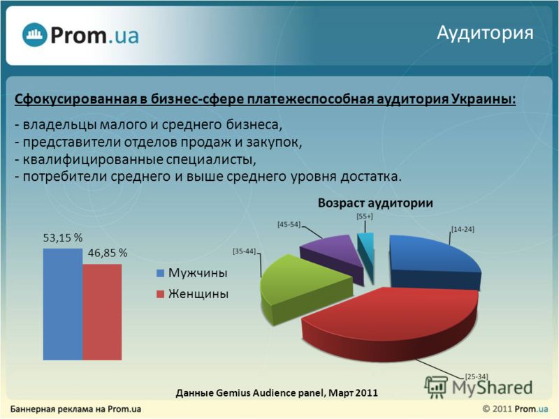 Аудитория Сфокусированная в бизнес-сфере платежеспособная аудитория Украины: - владельцы малого и среднего бизнеса, - представители отделов продаж и закупок, - квалифицированные специалисты, - потребители среднего и выше среднего уровня достатка. Дан