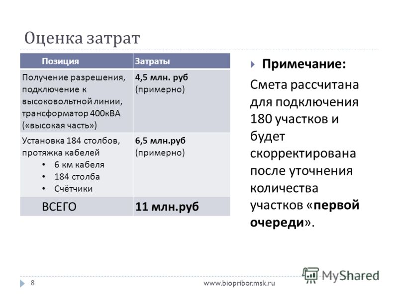 Оценка затрат www.biopribor.msk.ru8 ПозицияЗатраты Получение разрешения, подключение к высоковольтной линии, трансформатор 400 кВА (« высокая часть ») 4,5 млн. руб ( примерно ) Установка 184 столбов, протяжка кабелей 6 км кабеля 184 столба Счётчики 6