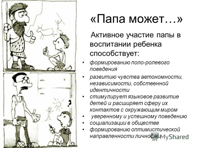 «Папа может…» Активное участие папы в воспитании ребенка способствует: формированию поло-ролевого поведения развитию чувства автономности, независимости, собственной идентичности стимулирует языковое развитие детей и расширяет сферу их контактов с ок