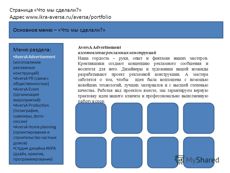 Основное меню Страница «Что мы сделали?» Адрес www.ikra-aversa.ru/aversa/portfolio Меню раздела: AversA Advertisement (изготовление рекламных конструкций) AversA PR (связи с общественностью) AversA Event (организация мероприятий) AversA Production (п