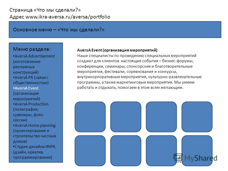 Страница «Что мы сделали?» Адрес www.ikra-aversa.ru/aversa/portfolio Меню раздела: AversA Advertisement (изготовление рекламных конструкций) AversA PR (связи с общественностью) AversA Event (организация мероприятий) AversA Production (полиграфия, сув