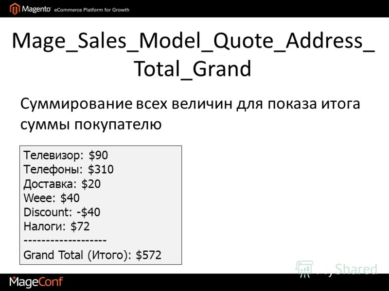 Mage_Sales_Model_Quote_Address_ Total_Grand Телевизор: $90 Телефоны: $310 Доставка: $20 Weee: $40 Discount: -$40 Налоги: $72 ------------------- Grand Total (Итого): $572 Суммирование всех величин для показа итога суммы покупателю