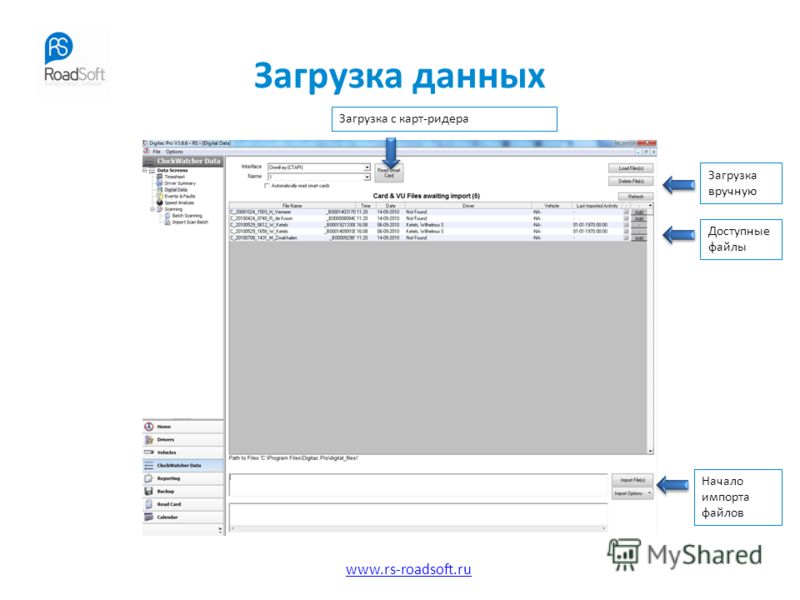 www.rs-roadsoft.ru Загрузка данных Загрузка с карт-ридера Загрузка вручную Доступные файлы Начало импорта файлов