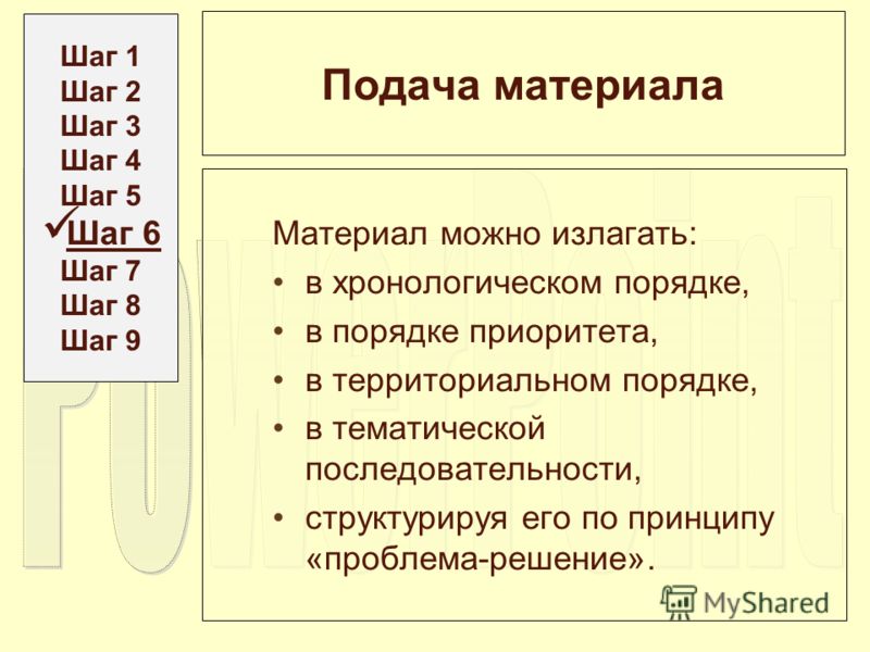 Подача материала Материал можно излагать: в хронологическом порядке, в порядке приоритета, в территориальном порядке, в тематической последовательности, структурируя его по принципу «проблема-решение». Шаг 1 Шаг 2 Шаг 3 Шаг 4 Шаг 5 Шаг 6 Шаг 7 Шаг 8 