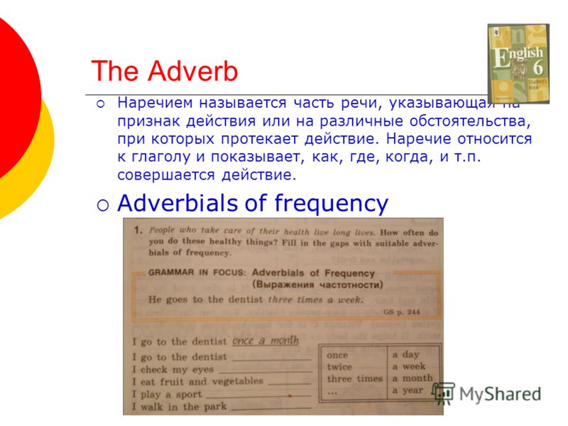 The Adverb Наречием называется часть речи, указывающая на признак действия или на различные обстоятельства, при которых протекает действие. Наречие относится к глаголу и показывает, как, где, когда, и т.п. совершается действие. Adverbials of frequenc