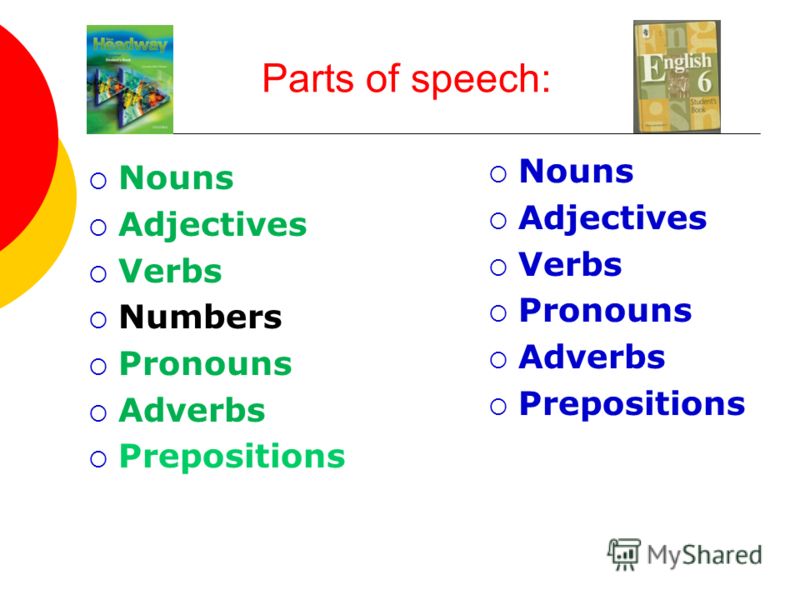 Parts of speech: Nouns Adjectives Verbs Numbers Pronouns Adverbs Prepositions Nouns Adjectives Verbs Pronouns Adverbs Prepositions