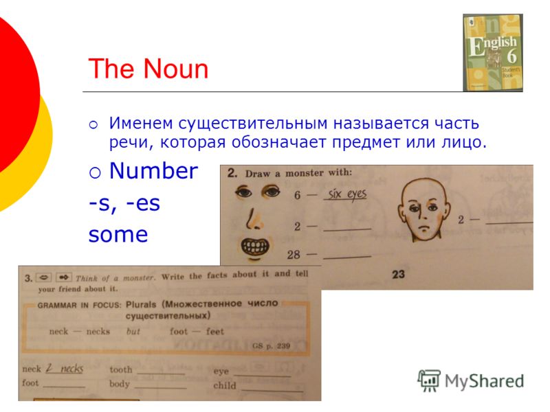 The Noun Именем существительным называется часть речи, которая обозначает предмет или лицо. Number -s, -es some