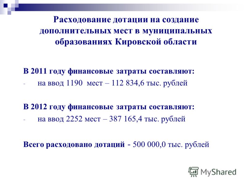Расходование дотации на создание дополнительных мест в муниципальных образованиях Кировской области В 2011 году финансовые затраты составляют: - на ввод 1190 мест – 112 834,6 тыс. рублей В 2012 году финансовые затраты составляют: - на ввод 2252 мест 