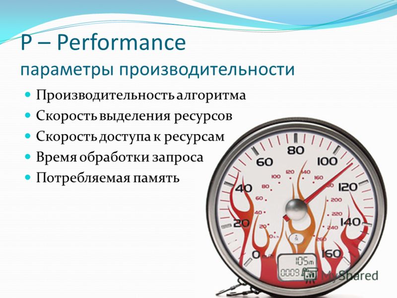 P – Performance параметры производительности Производительность алгоритма Скорость выделения ресурсов Скорость доступа к ресурсам Время обработки запроса Потребляемая память