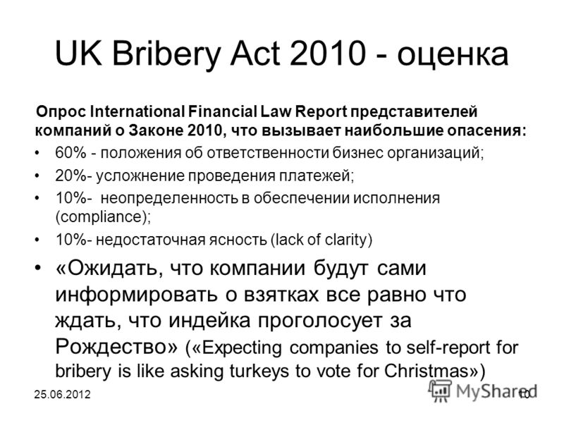 UK Bribery Act 2010 - оценка Опрос International Financial Law Report представителей компаний о Законе 2010, что вызывает наибольшие опасения: 60% - положения об ответственности бизнес организаций; 20%- усложнение проведения платежей; 10%- неопределе