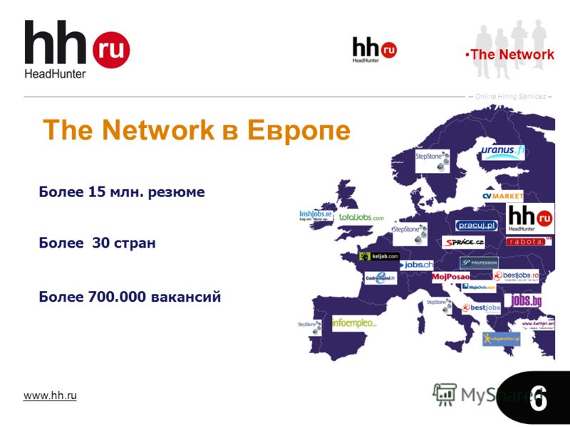 www.hh.ru Online Hiring Services 6 The Network Более 15 млн. резюме Более 30 стран Более 700.000 вакансий The Network в Европе