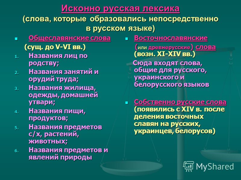 Исконно русская лексика примеры