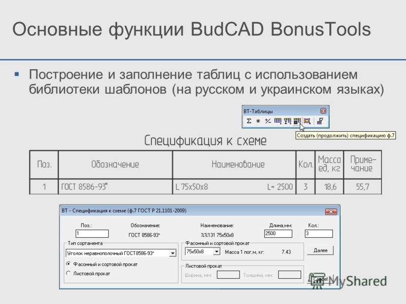 Основные функции BudCAD BonusTools Построение и заполнение таблиц с использованием библиотеки шаблонов (на русском и украинском языках)