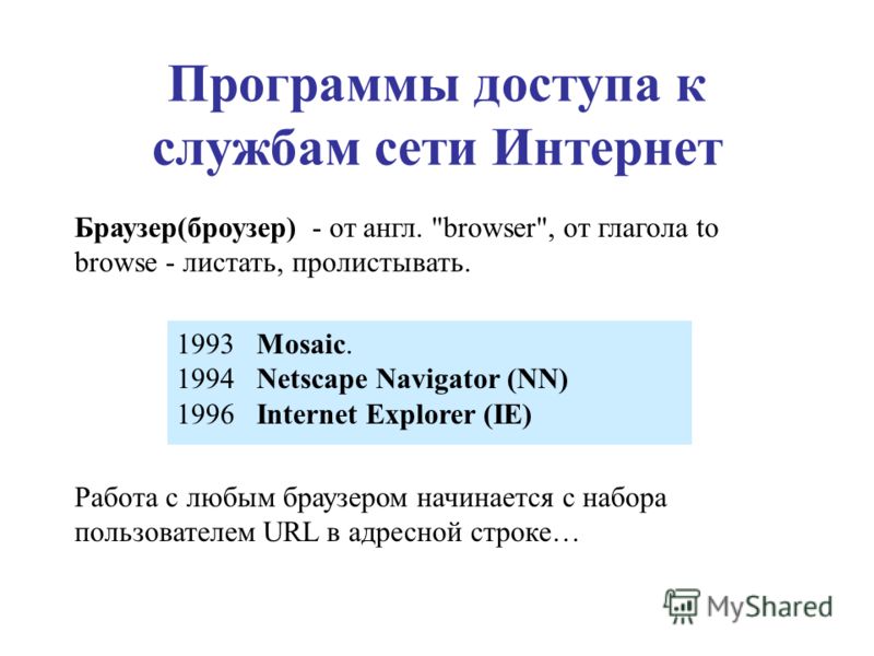 Программы доступа к службам сети Интернет Браузер(броузер) - от англ. 