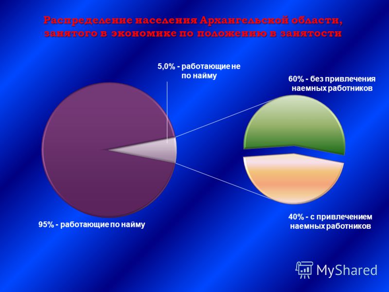 Распределение населения Архангельской области, занятого в экономике по положению в занятости 40% - с привлечением наемных работников 60% - без привлечения наемных работников 95% - работающие по найму 5,0% - работающие не по найму
