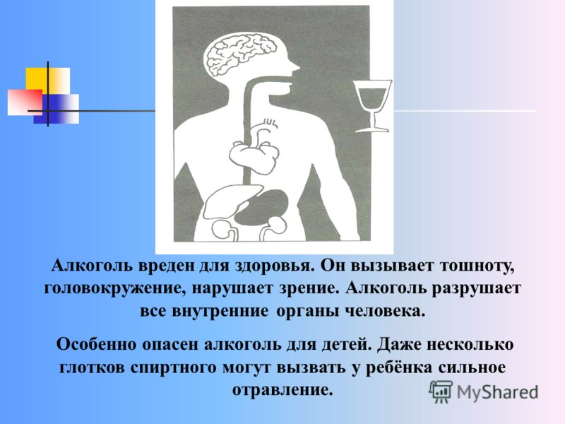 Алкоголь вреден для здоровья. Он вызывает тошноту, головокружение, нарушает зрение. Алкоголь разрушает все внутренние органы человека. Особенно опасен алкоголь для детей. Даже несколько глотков спиртного могут вызвать у ребёнка сильное отравление.