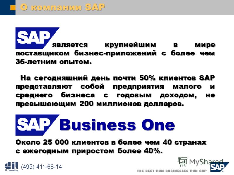 SAP AG 2003 О компании SAP Около 25 000 клиентов в более чем 40 странах с ежегодным приростом более 40%. (495) 411-66-14 является крупнейшим в мире поставщиком бизнес-приложений с более чем 35-летним опытом. является крупнейшим в мире поставщиком биз