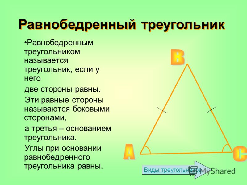 Равнобедренным треугольником называется треугольник, если у него две стороны равны. Эти равные стороны называются боковыми сторонами, а третья – основанием треугольника. Углы при основании равнобедренного треугольника равны. Виды треугольников Равноб