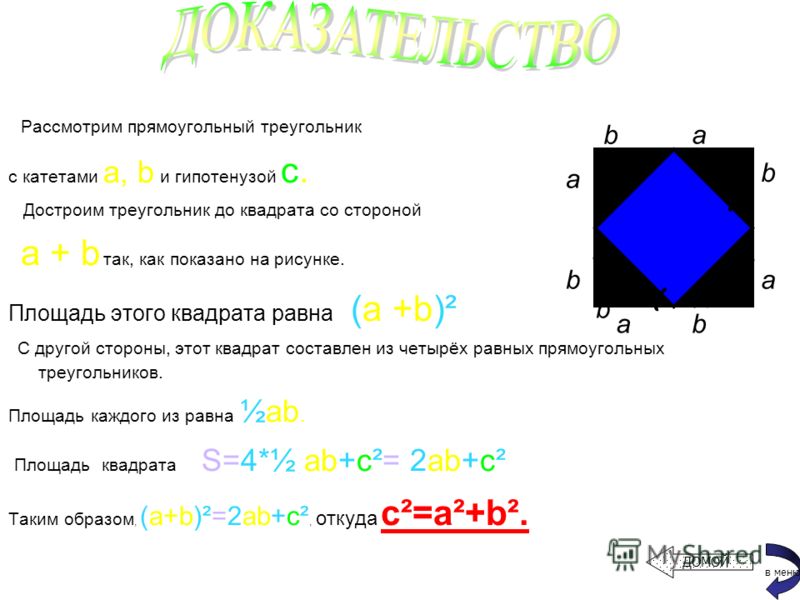 В прямоугольном треугольнике квадрат гипотенузы равен сумме квадратов катетов. b c a с²= а²+b² Докажем? в меню