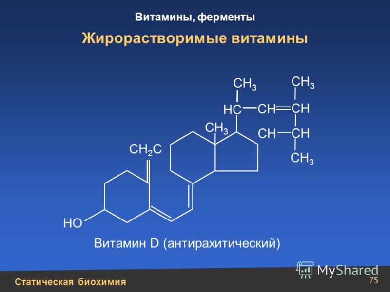 Статическая биохимия Витамины, ферменты 75 Жирорастворимые витамины НС СН СН 3 СН СН 2 С Витамин D (антирахитический) НО