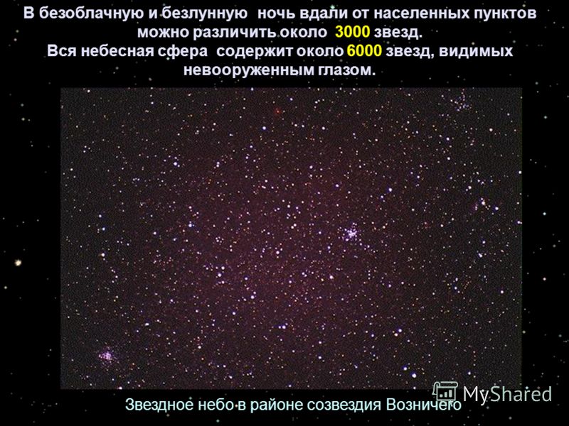 В безоблачную и безлунную ночь вдали от населенных пунктов можно различить около 3000 звезд. Вся небесная сфера содержит около 6000 звезд, видимых невооруженным глазом. Звездное небо в районе созвездия Возничего