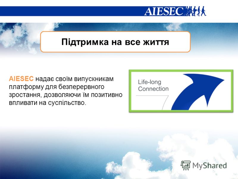 Підтримка на все життя AIESEC надає своїм випускникам платформу для безперервного зростання, дозволяючи їм позитивно впливати на суспільство.