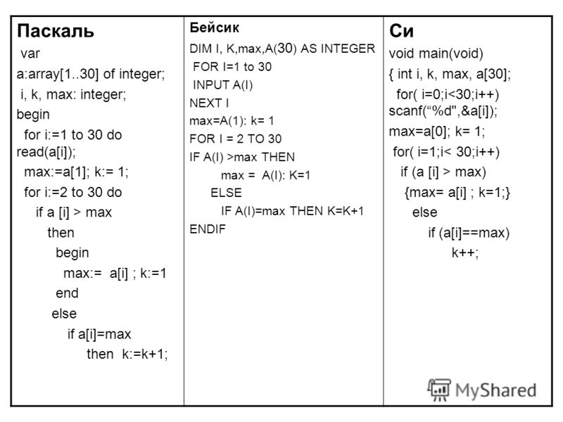 Паскаль var a:array[1..30] of integer; i, k, max: integer; begin for i:=1 to 30 do read(a[i]); max:=a[1]; k:= 1; for i:=2 to 30 do if a [i] > max then begin max:= a[i] ; k:=1 end else if a[i]=max then k:=k+1; Бейсик DIM I, K,max,A( 30 ) AS INTEGER FO