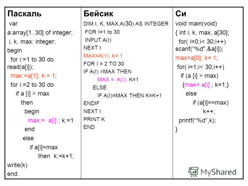 Паскаль var a:array[1..30] of integer; i, k, max: integer; begin for i:=1 to 30 do read(a[i]); max:=a[1]; k:= 1; for i:=2 to 30 do if a [i] > max then begin max:= a[i] ; k:=1 end else if a[i]=max then k:=k+1; write(k) end. Бейсик DIM I, K, MAX,A( 30 