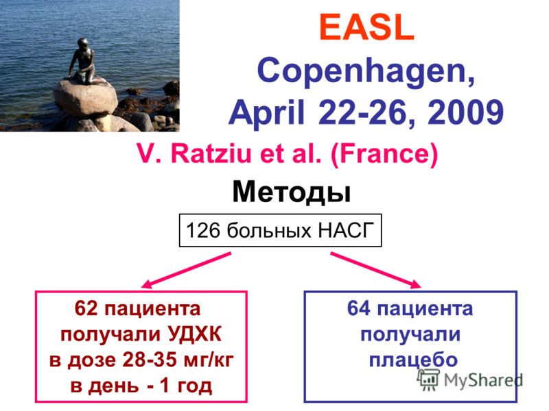 Методы 126 больных НАСГ 62 пациента получали УДХК в дозе 28-35 мг/кг в день - 1 год 64 пациента получали плацебо EASL Copenhagen, April 22-26, 2009 V. Ratziu et al. (France)