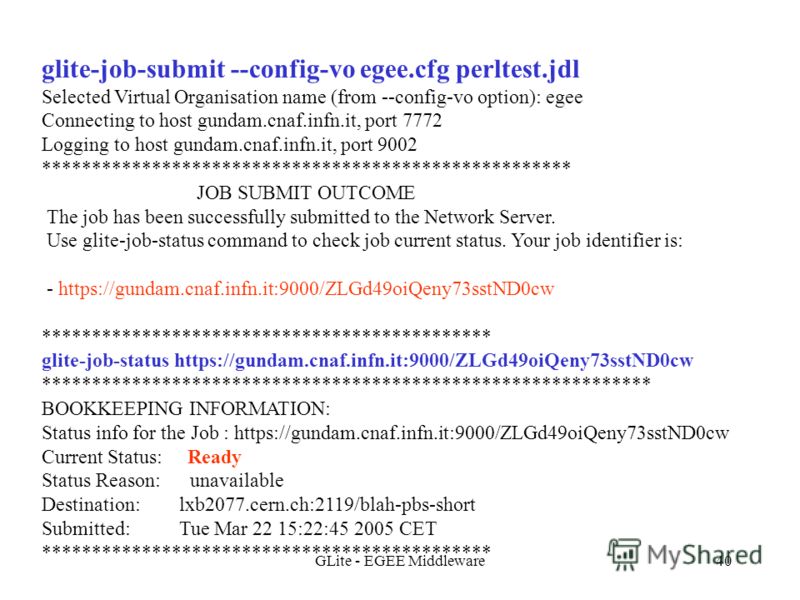 GLite - EGEE Middleware40 glite-job-submit --config-vo egee.cfg perltest.jdl Selected Virtual Organisation name (from --config-vo option): egee Connecting to host gundam.cnaf.infn.it, port 7772 Logging to host gundam.cnaf.infn.it, port 9002 *********
