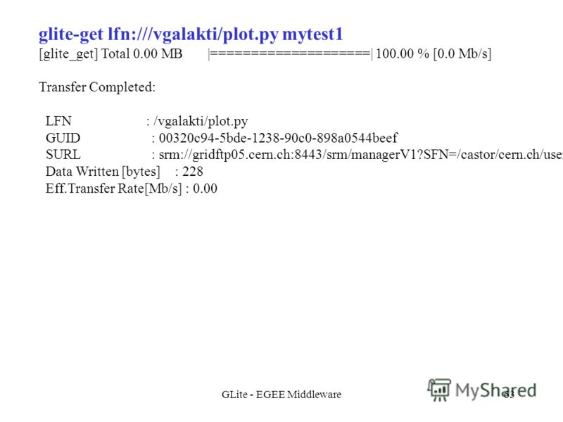 GLite - EGEE Middleware63 glite-get lfn:///vgalakti/plot.py mytest1 [glite_get] Total 0.00 MB |====================| 100.00 % [0.0 Mb/s] Transfer Completed: LFN : /vgalakti/plot.py GUID : 00320c94-5bde-1238-90c0-898a0544beef SURL : srm://gridftp05.ce